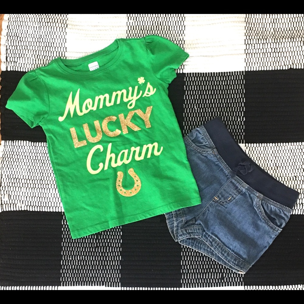 Lucky charm green shirt denim shorts girl school Patrick’s day 5 school …